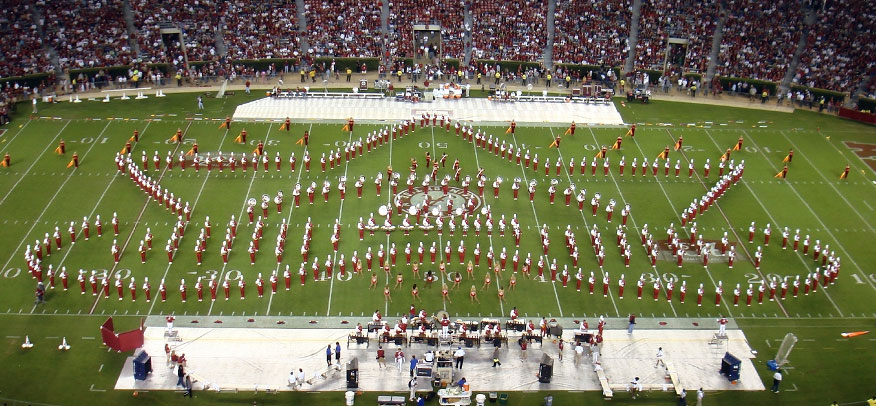 the Million Dollar Band marching on the field at Bryant-Denny Stadium